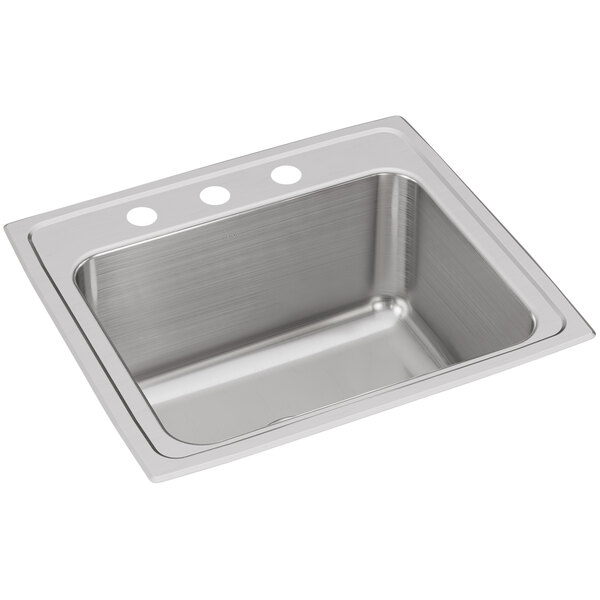 An Elkay stainless steel drop-in sink with three holes on a counter.