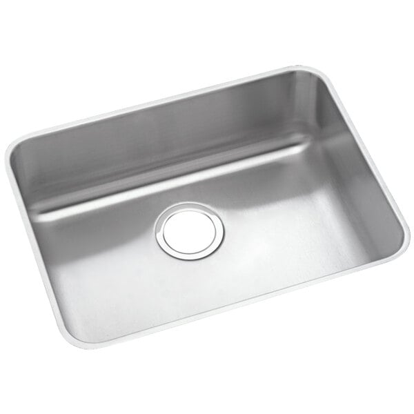A white Elkay undermount sink with a hole in the middle.