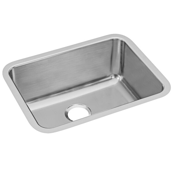 A stainless steel Elkay single bowl undermount sink on a counter.