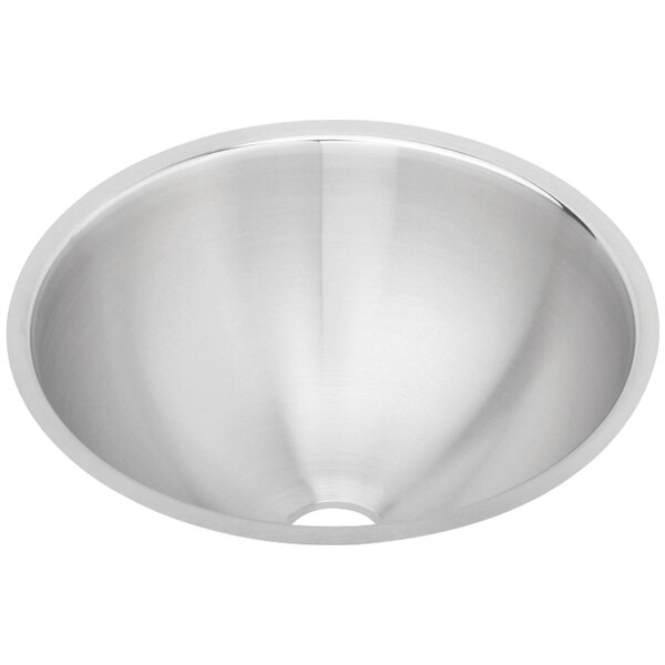 A white Elkay stainless steel sink with a round bowl.
