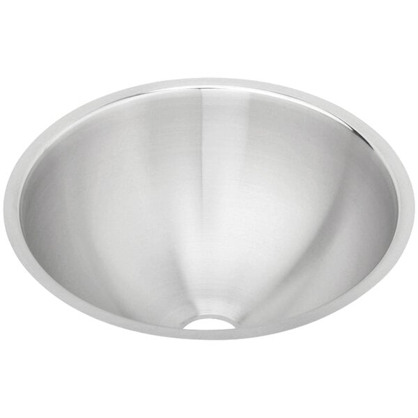 A stainless steel Elkay Asana single bowl sink with a round shape and overflow assembly.