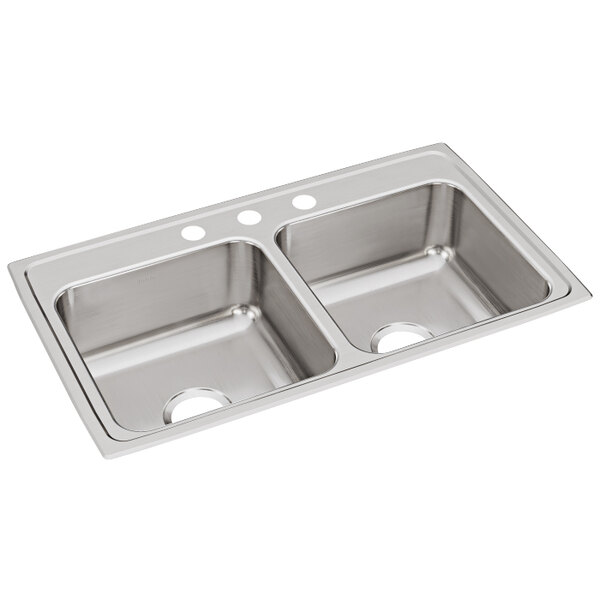 A stainless steel Elkay double bowl sink with three faucet holes on a counter.