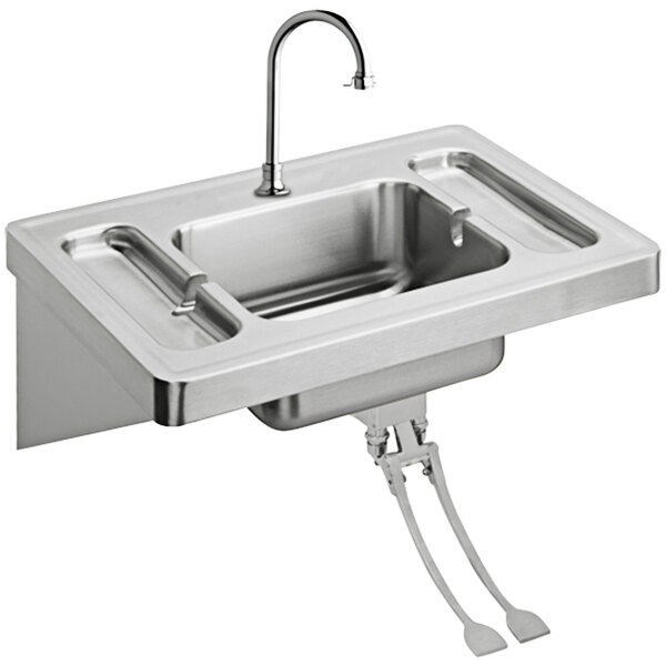 A stainless steel Elkay wall hung lavatory sink with a faucet.