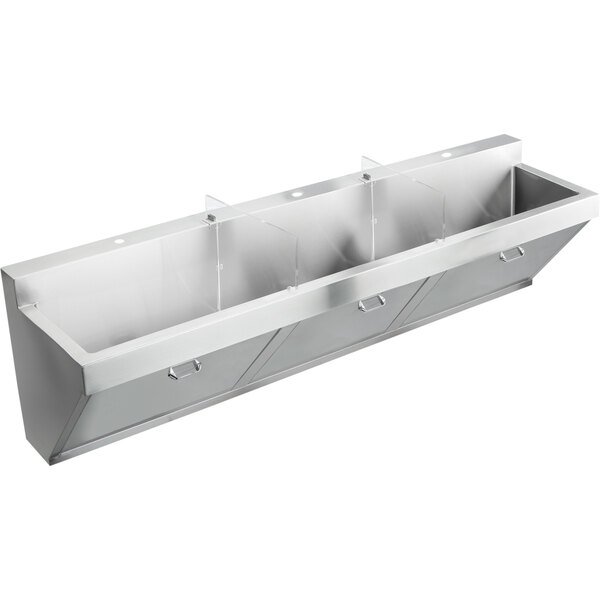 An Elkay stainless steel wall hung surgeon scrub sink with three compartments.