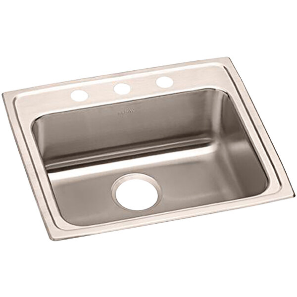 An Elkay stainless steel drop-in sink with three faucet holes.