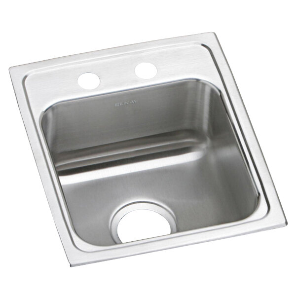 An Elkay stainless steel sink with two faucet holes.