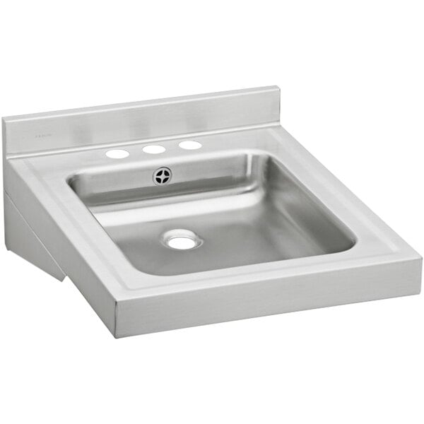 An Elkay stainless steel ADA bathroom sink with three faucet holes.