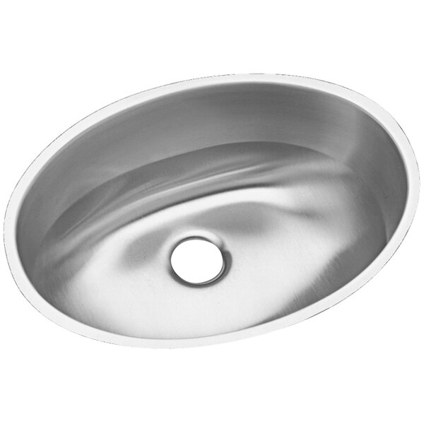 A silver Elkay undermount sink with a round overflow hole.