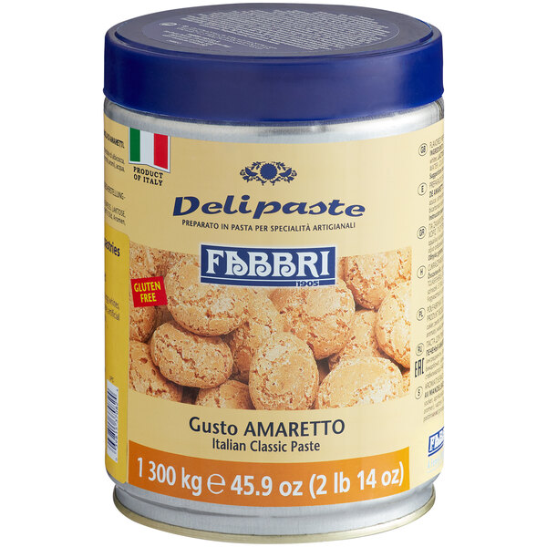 A can of Fabbri Delipaste Amaretto flavoring with a blue lid.