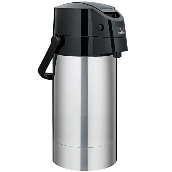 A stainless steel and black Zojirushi air pot.