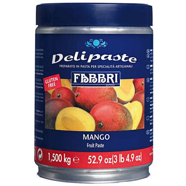 A container of Fabbri mango flavoring paste.