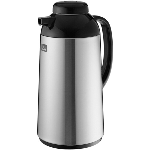 A stainless steel Zojirushi coffee pot with black accents.