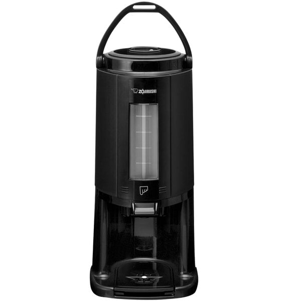 A black Zojirushi serving base for a beverage dispenser with a handle.