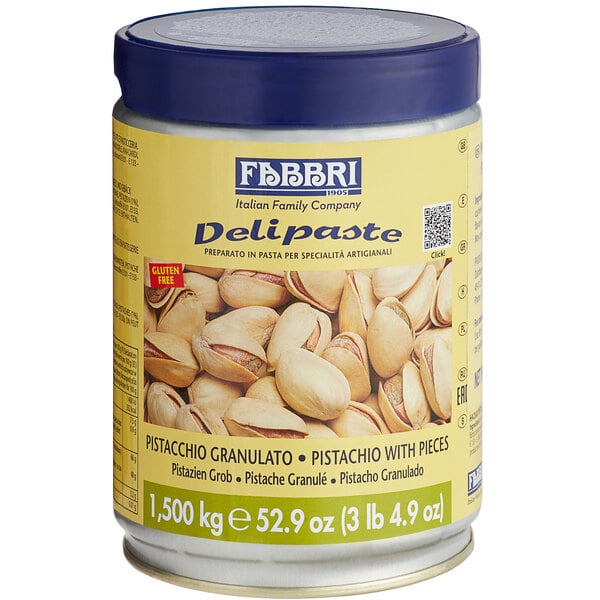 A can of Fabbri Delipaste Pistachio with Pieces flavoring 