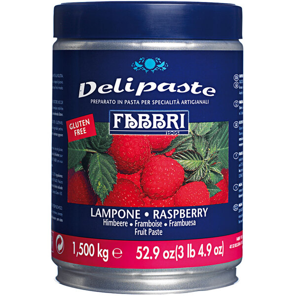 A white can of Fabbri Delipaste Raspberry Flavoring Paste with a label.
