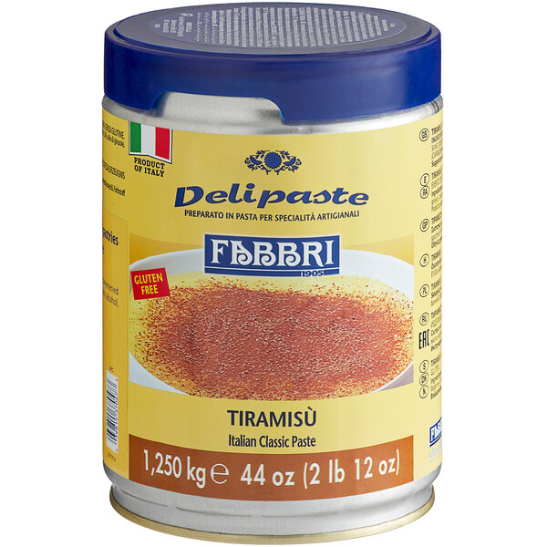 A close up of a container of Fabbri Delipaste Tiramisu flavoring paste with a blue lid.