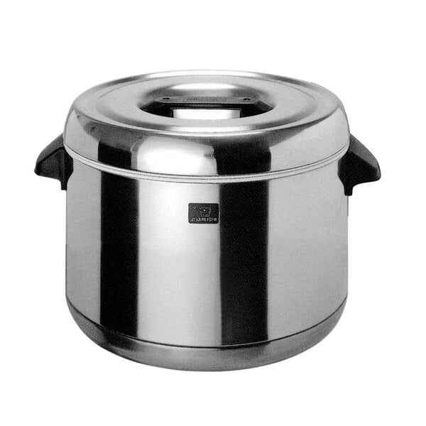 A silver stainless steel Zojirushi sushi rice container with black handles and a lid.