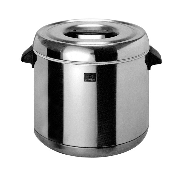 A Zojirushi stainless steel canister with a lid.