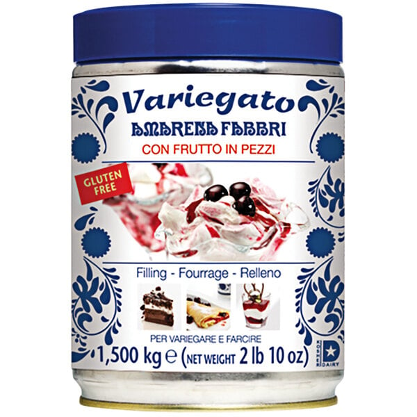 A white rectangular container of Fabbri Amarena Cherry Variegate with blue and white labels.
