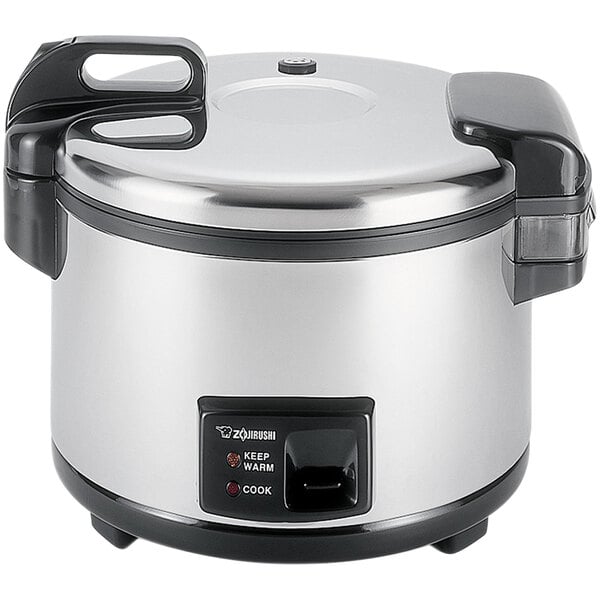 A Zojirushi stainless steel rice cooker with a black lid.