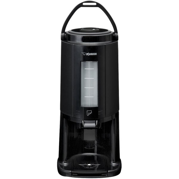 A black Zojirushi beverage dispenser with a white lid and serving base.