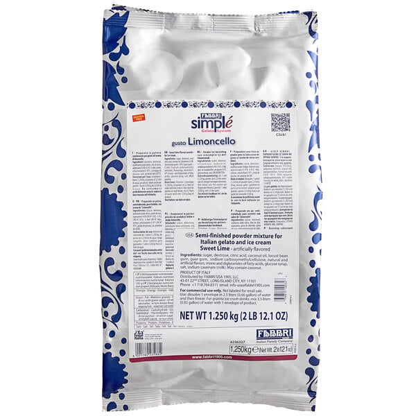 A white and blue Fabbri package of Limoncello frozen dessert mix.