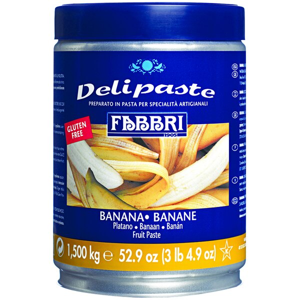 A can of Fabbri Delipaste Banana Flavoring with a red label.