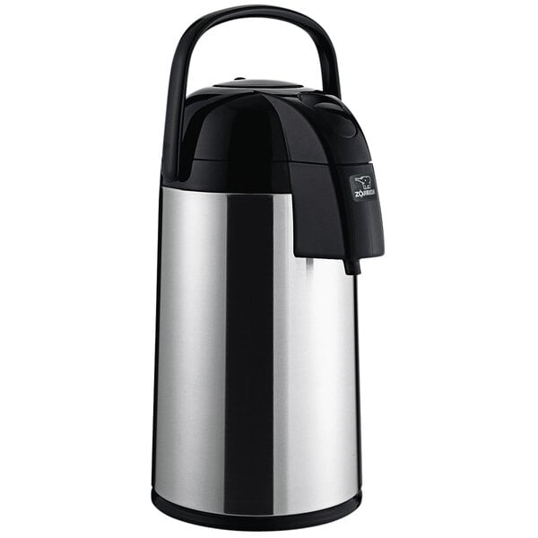 A Zojirushi stainless steel air pot with black accents.