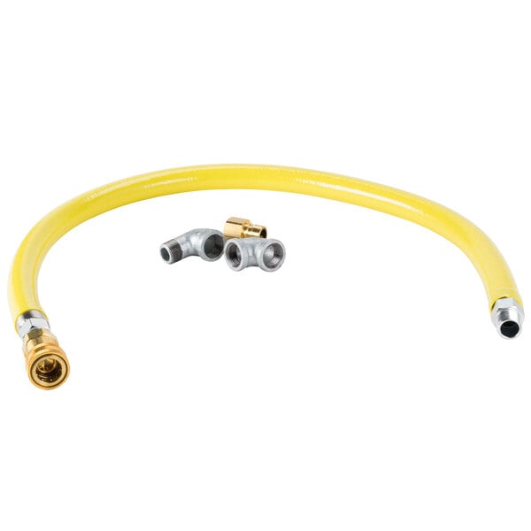 A yellow T&S gas appliance connector hose with metal fittings.