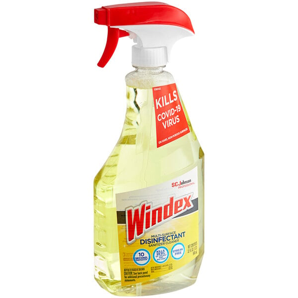 A red and yellow spray bottle of SC Johnson Windex® Multi-Surface Cleaner.