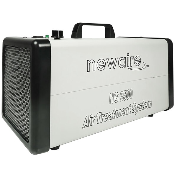 A white and black Newaire HG2500 Hydroxyl Generator air treatment system in a white and black box with a black handle.