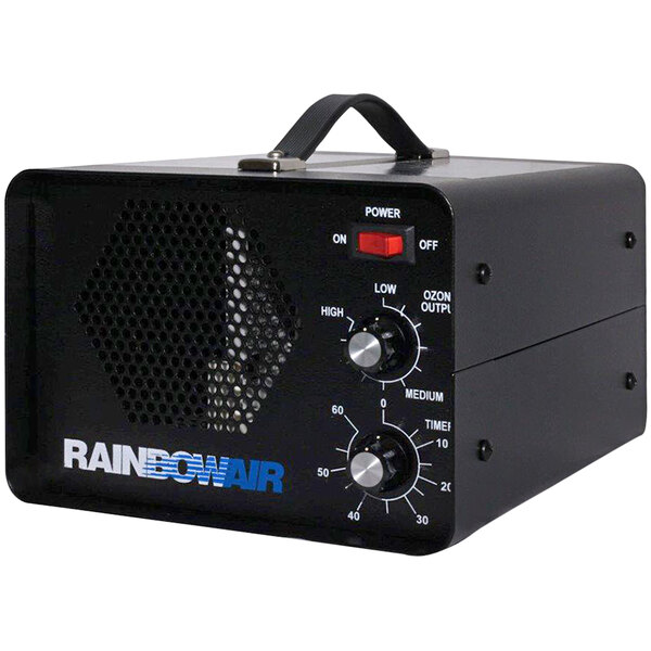 A black rectangular Rainbowair 5200-II air purifier with knobs and dials.