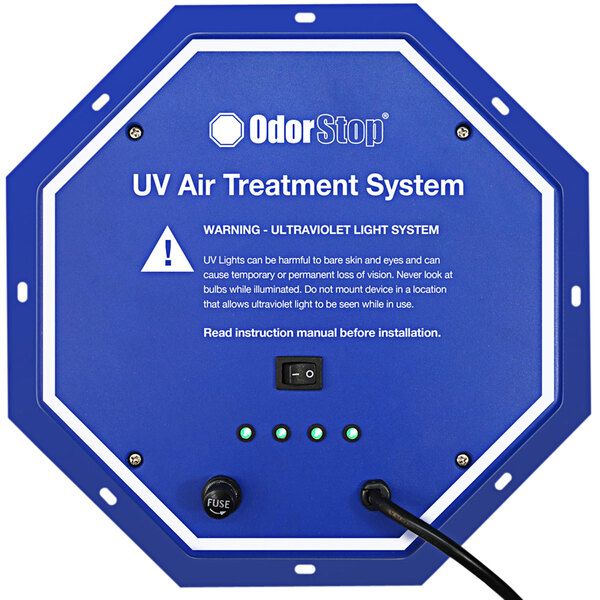 An OdorStop UV air purifier with a blue and white sign and two white bulbs.