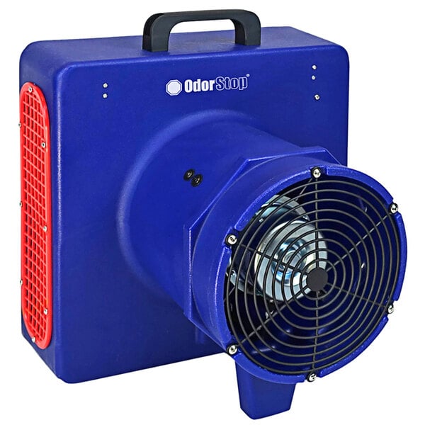 A blue OdorStop commercial air purifier with a fan on top.