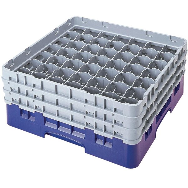 A blue plastic Cambro glass rack with extenders.