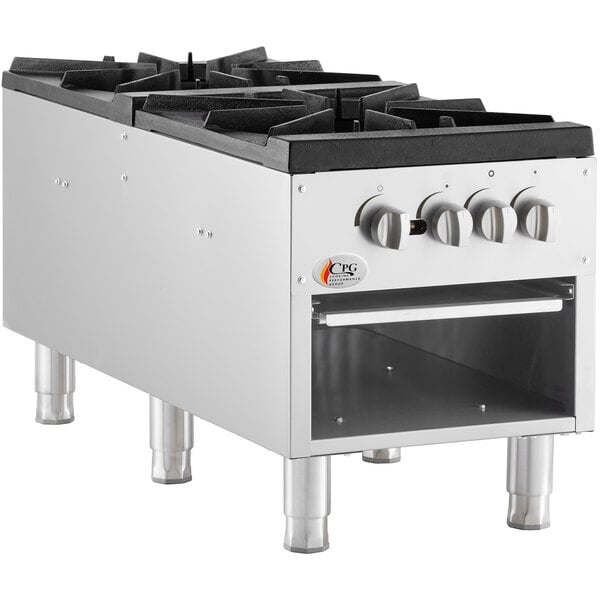 A white and stainless steel Cooking Performance Group natural gas stock pot range with three burners.