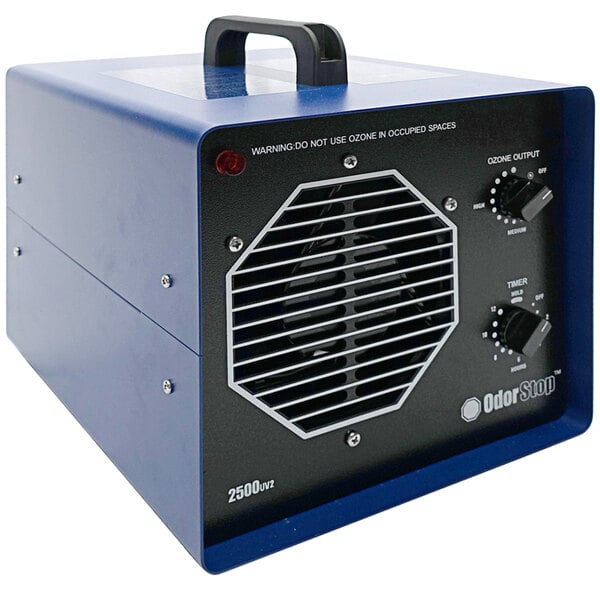 A blue OdorStop air purifier with a black handle and knobs.