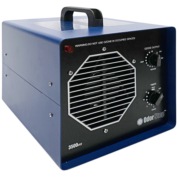 A blue OdorStop ozone generator with vents.