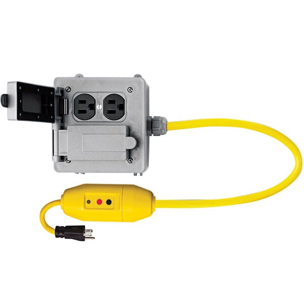 A yellow Lind Equipment inline GFCI quad box with a cord attached to it.