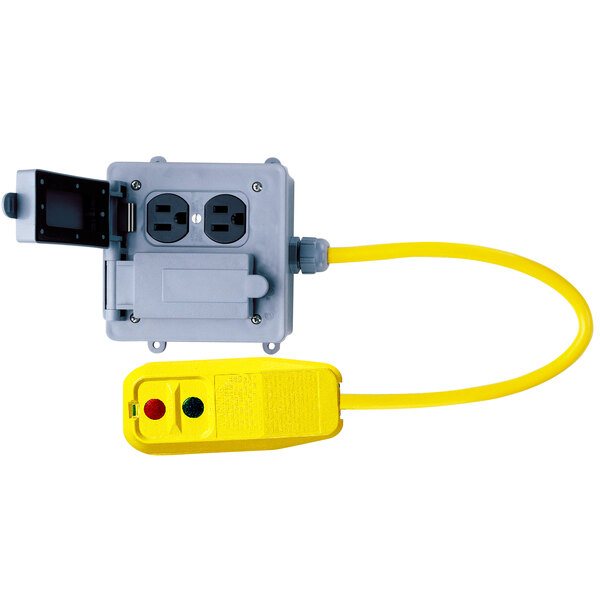 A yellow Lind Equipment GFCI Quad Box with a yellow cable plugged in.