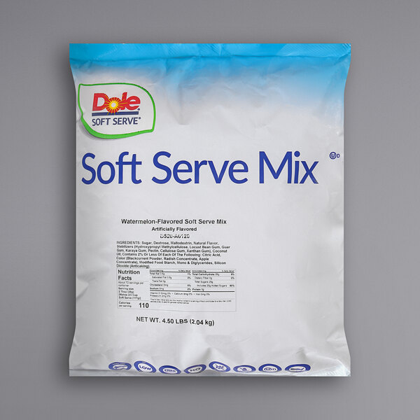 A white bag of DOLE Watermelon Soft Serve Mix with blue text.