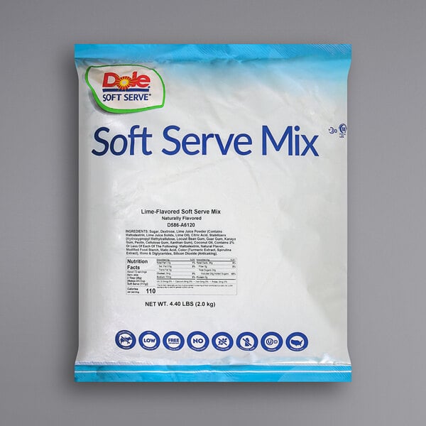 A white package of DOLE Lime Soft Serve Mix with blue text.