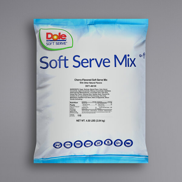 A white bag of DOLE Cherry Soft Serve Mix with blue and white text.