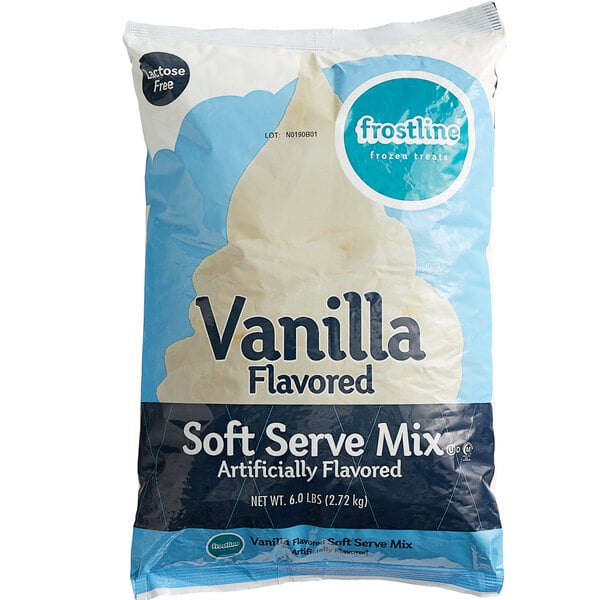 A white bag of Frostline Vanilla Soft Serve Ice Cream Mix.