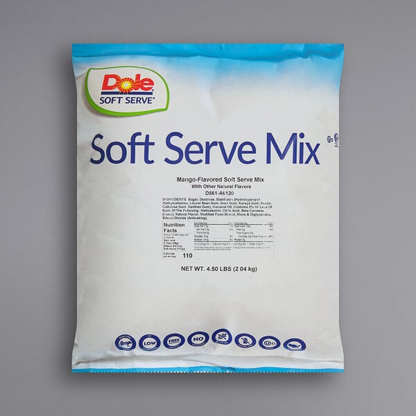 A white bag with blue text for Dole Mango Soft Serve Mix.