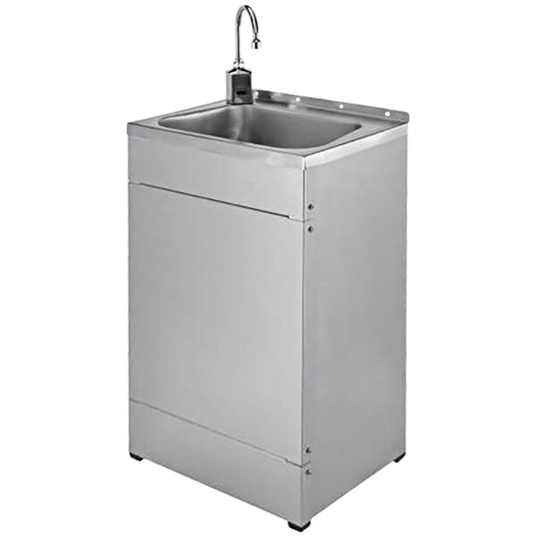 A T&S stainless steel portable handwashing sink with a sensor faucet.