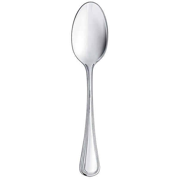 An Arcoroc stainless steel dinner spoon with a white handle on a white background.