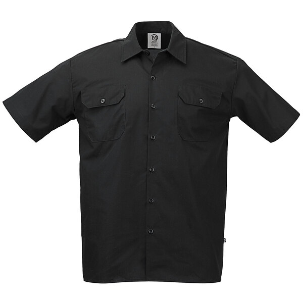 A black Mercer Culinary short sleeve work shirt with buttons and pockets.