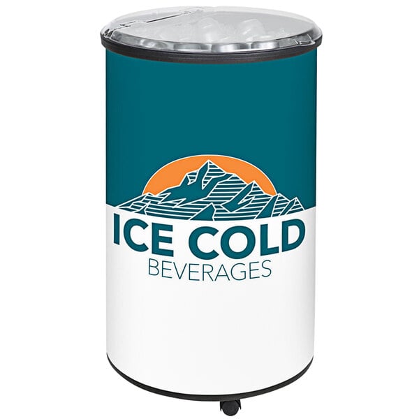 An IRP black round barrel cooler with ice on it.