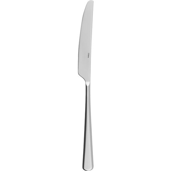 A Sola stainless steel dessert knife with a silver handle on a white background.